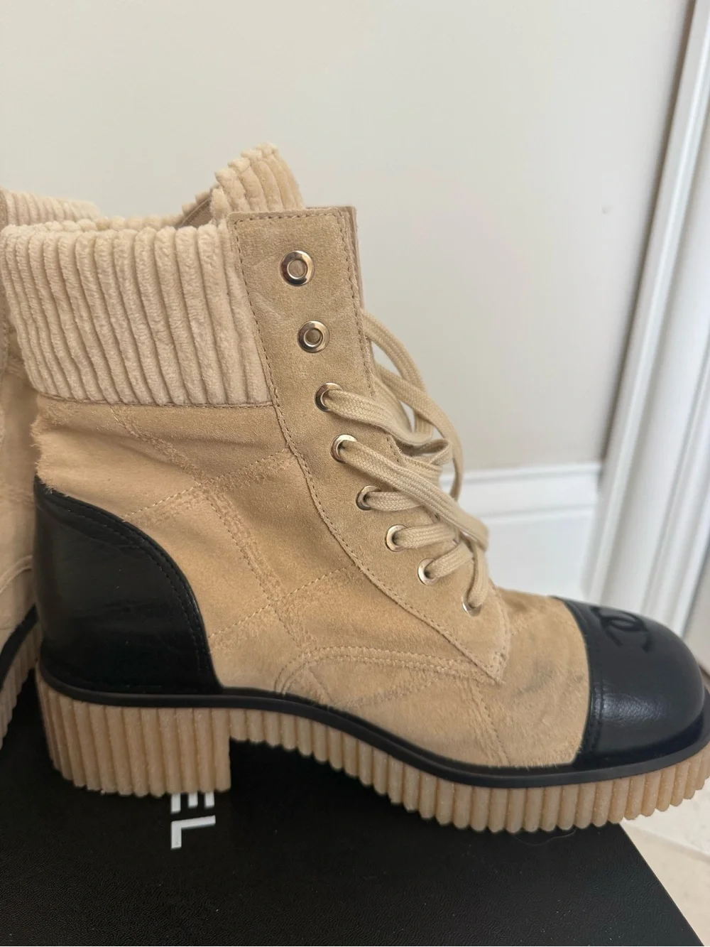 CHANEL Beige Suede and Black Leather Lace-Up Combat Boots